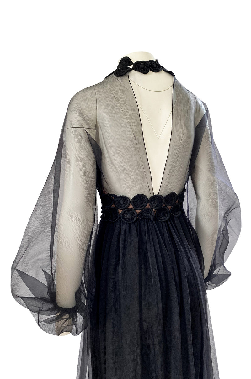 1960s Werle Black Organza & Embroidered Lace Transparent Back Dress