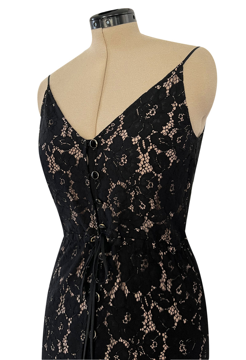 Easy to Wear 2010s Lanvin by Alber Elbaz Black Lace Illusion Dress w Button Front