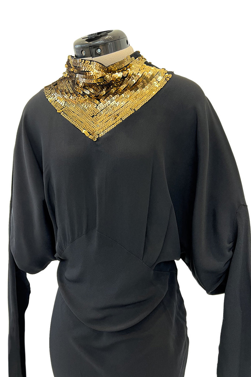 Fabulous 1930s Bias Cut Black Crepe w Gold Sequin Collar and Gold Metal Button Detail