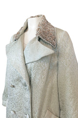 1960s Unlabeled Palest Green Silk Brocade Beaded Collar Great Coat