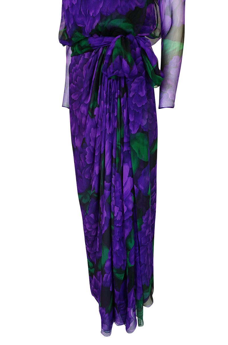 Extraordinary 1970s James Galanos Purple Silk Chiffon Demi-Couture Dress