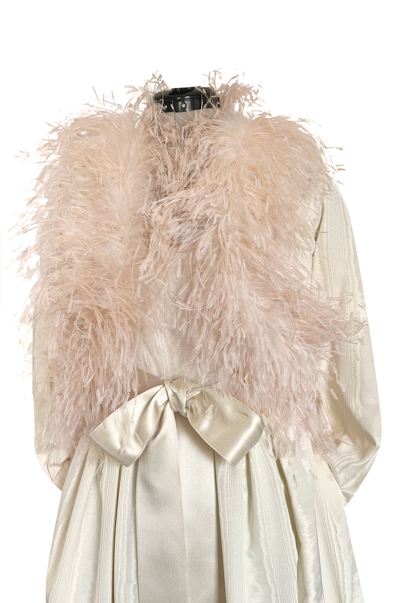 Incredible 1970s Mollie Parnis Ivory Silk Moire Halter Dress w Matching Feather Trim Jacket