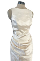 2000s Oleg Cassini Couture Ivory Silk Satin Wedding Dress w Open Beaded Sides & Train
