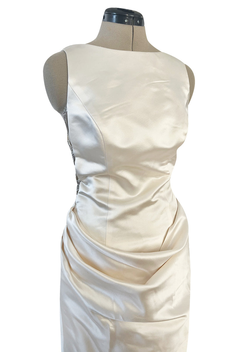 2000s Oleg Cassini Couture Ivory Silk Satin Wedding Dress w Open Beaded Sides & Train