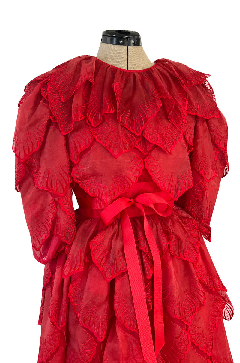 1980s Unlabeled Nina Ricci by Girard Pipard Haute Couture Red Silk & Net Leaf or Petal Dress