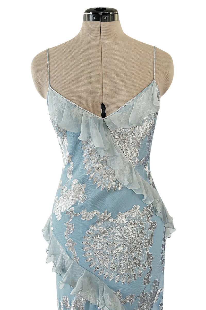 Iconic Fall 2004 John Galliano Bias Cut Blue Dress w Ruffles & Metallic Silver Detailing