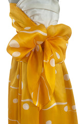 Spring 1985 Bill Blass Dotted Yellow & White Silk Organza Ad Campaign Strapless Dress