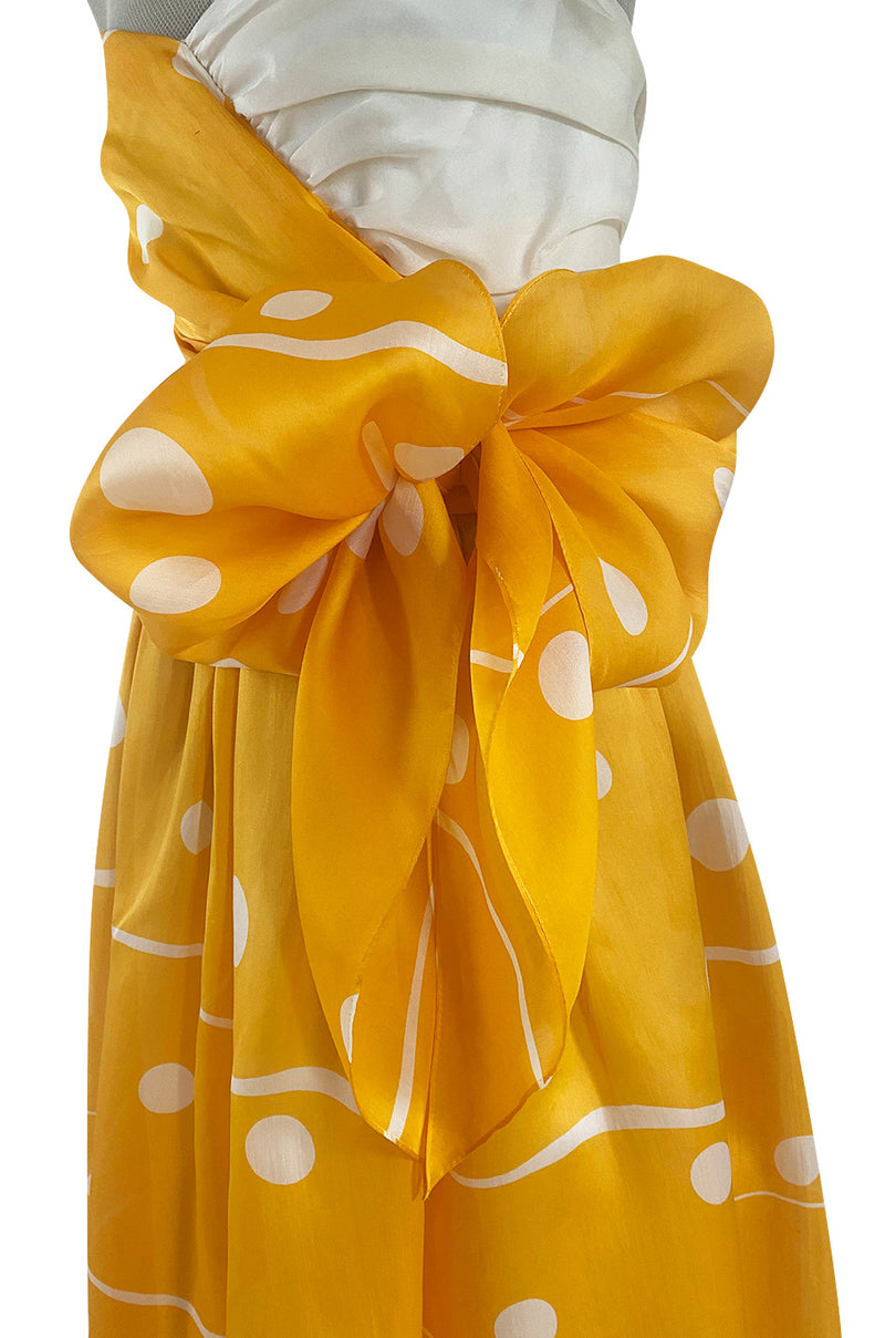 Spring 1985 Bill Blass Dotted Yellow & White Silk Organza Ad Campaign Strapless Dress