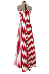Spectacular 1930s Unlabeled Red & White Striped Cotton Strapless Sweetheart Dress
