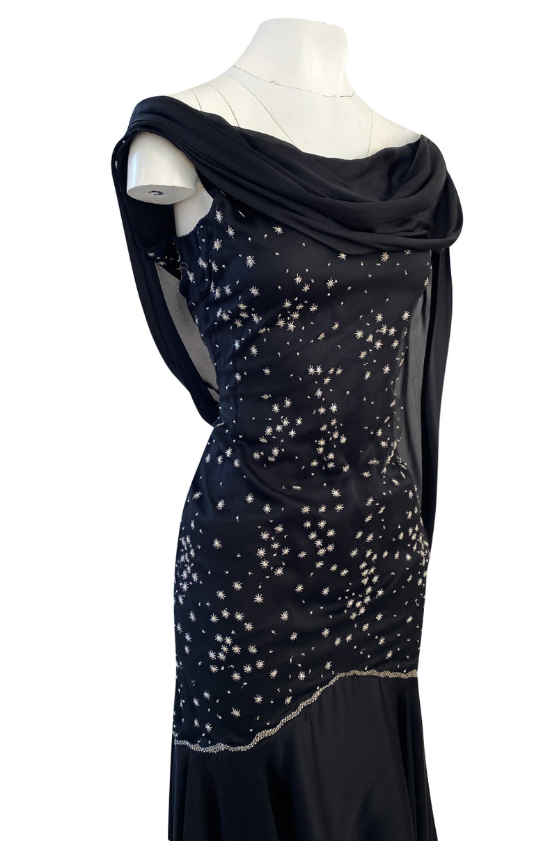 1980s Genny Draped Backless Black Silk Dress w Silver Star Thread Detailing