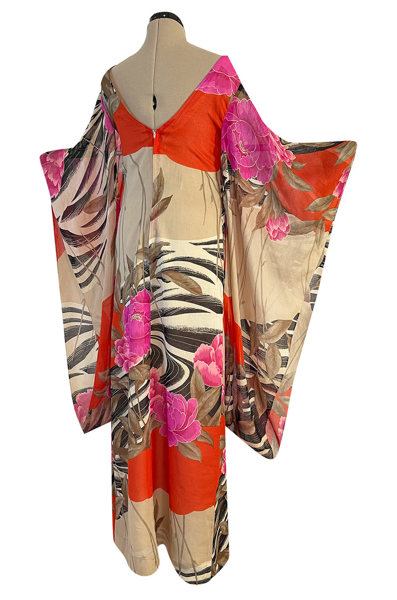 1960s Hanae Mori Couture Long Open Kimono Sleeve Pink Floral Print Cotton Caftan Dress