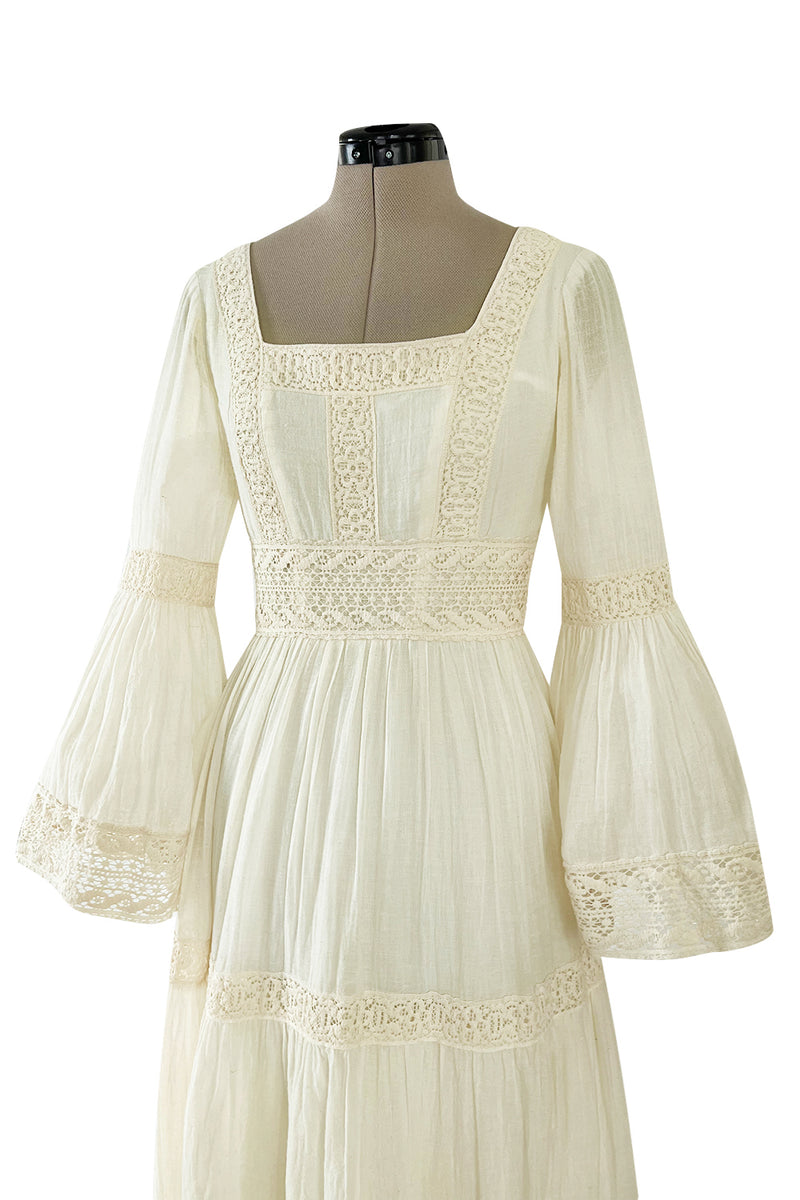 Romantic 1970s Victor Costa Mexican Wedding Dress Feel Ivory Cotton Gauze & Lace  Dress