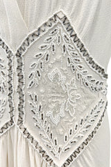 Gorgeous 1930s Off White Moss Crepe Dress w Hand Beaded 'Belt' Detailing