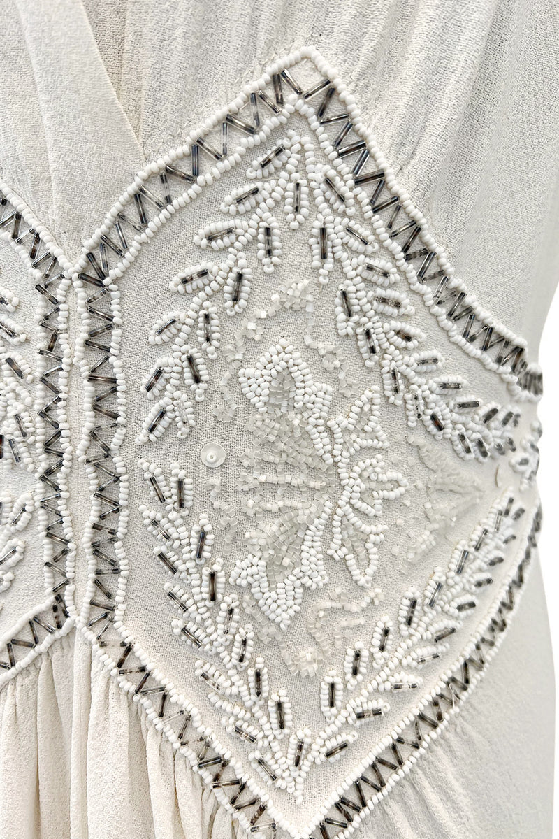 Gorgeous 1930s Off White Moss Crepe Dress w Hand Beaded 'Belt' Detailing