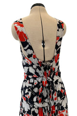 Stunning 1930s Coral, Black & Pale Grey Floral Silk Print Bias Cut Backless Dress