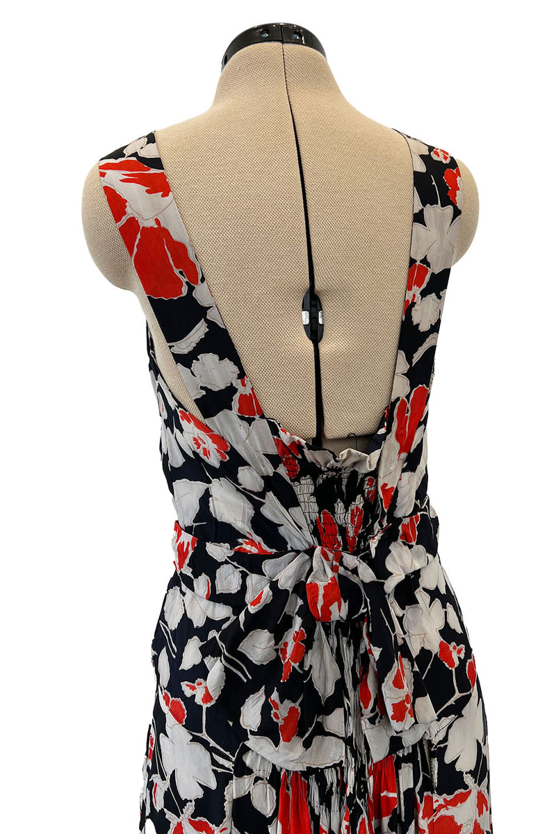 Stunning 1930s Coral, Black & Pale Grey Floral Silk Print Bias Cut Backless Dress