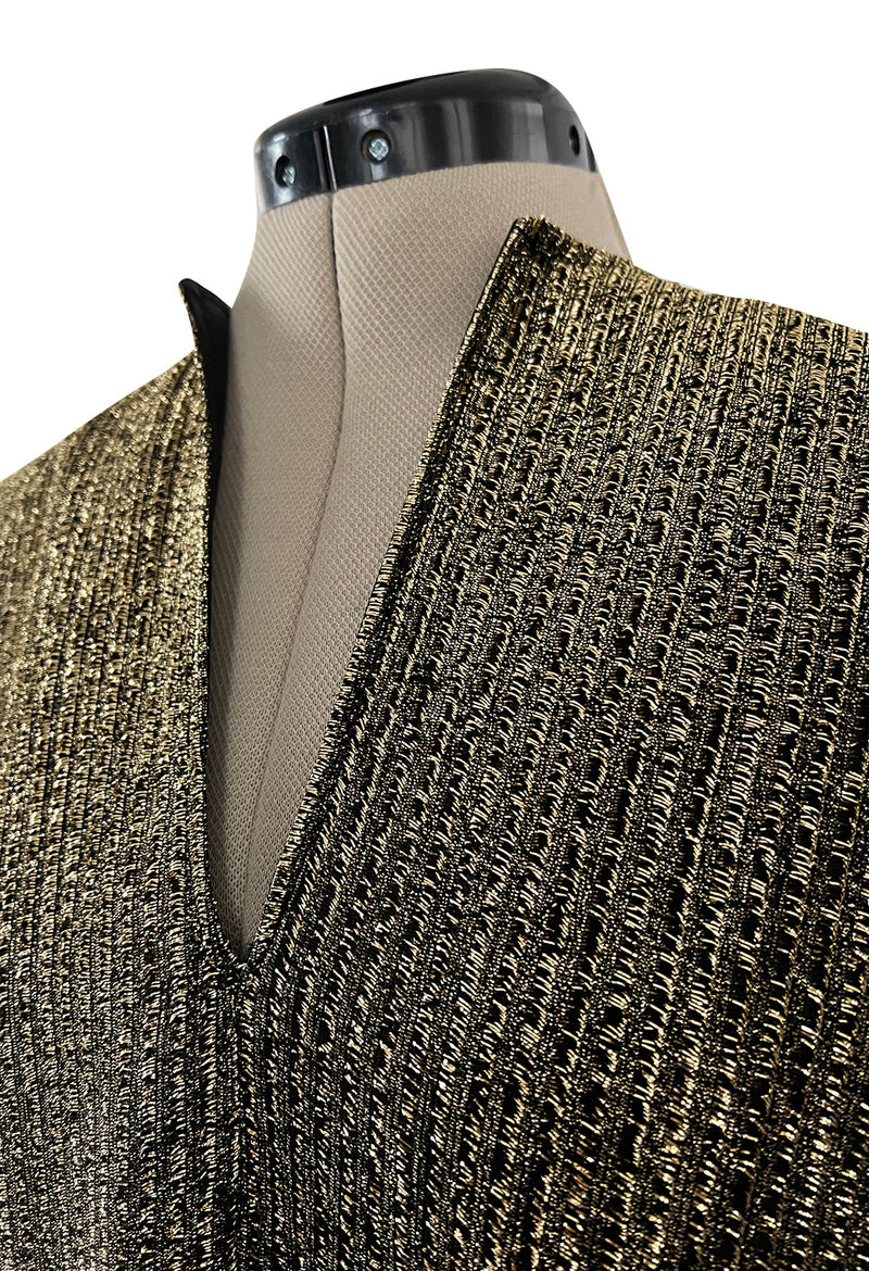 Classic 1970s Halston Metallic Gold Lame Lurex Full Length Caftan Dress w Notched Neckline