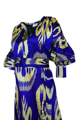Recent Zazi Vintage Silk Ikat "Madhu" Bliue & Gold Caftan Dress