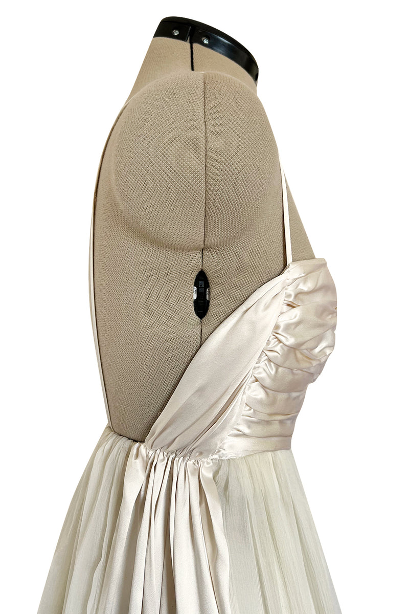 Spectacular Late 1970s Galanos Couture Ivory Silk Chiffon Dress w Brilliant Floral Print