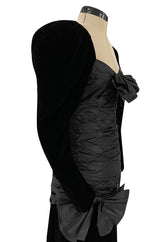 Dramatic 1980s Nina Ricci Black Velvet & Silk Taffeta Dress w Fabulous Sleeves & Slit Skirt