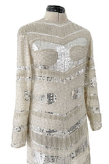 Iconic Spring 1981 Halston Fully Hand Beaded & Sequinned Silver & Ivory Silk Chiffon Dress