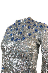 c.1967 Gene Shelly Blue Crystal & Silver Sequin Stretch Knit Dress