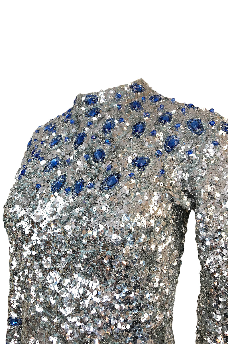 c.1967 Gene Shelly Blue Crystal & Silver Sequin Stretch Knit Dress