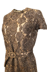 Early 1950s Unlabeled Taupe Ribbon Tape and Net Sheat Dress & Belt