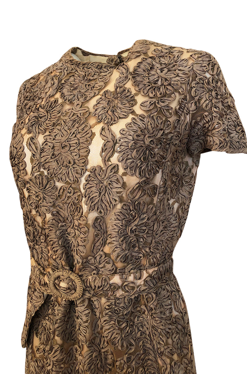 Early 1950s Unlabeled Taupe Ribbon Tape and Net Sheat Dress & Belt
