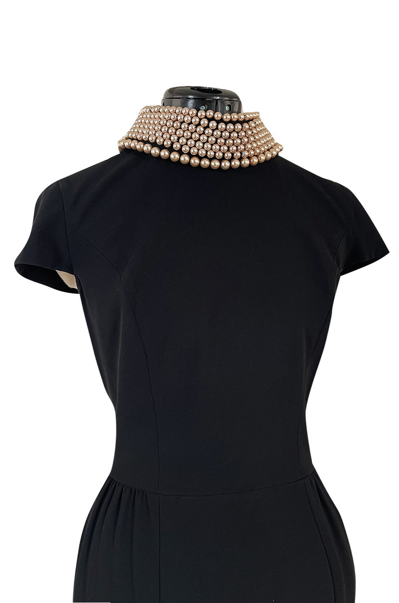 Early 2000s Moschino Cheap & Chic Black Stretch Crepe Dress w Removable Pearl Collar
