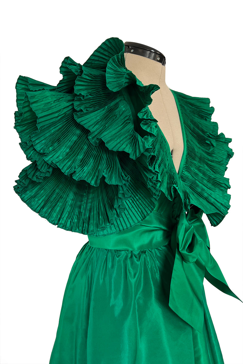 1980s Paul-Louis Orrier Emerald Green Silk Taffeta Couture Dress w Extravagant Ruffles