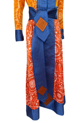 Dramatic 1970s Ronald Amey Orange Blue & Coral Print Silk Couture Dress