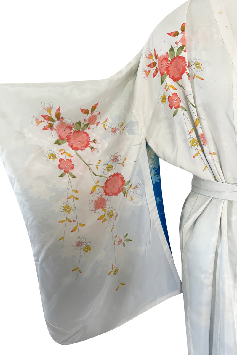 Prettiest 1970s Blue Floral Print Kimono Reversible to an Ivory & Coral Print