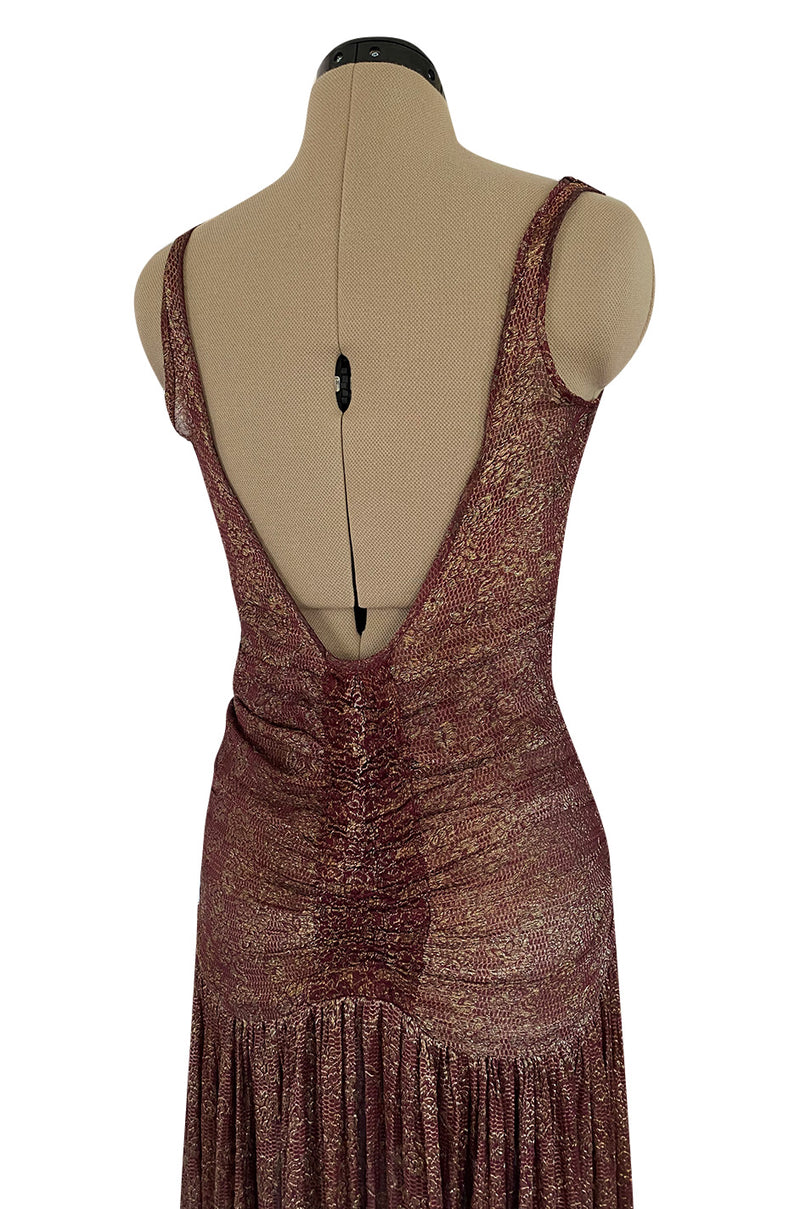 Late 1920s Unlabeled Gold Metallic Lame Thread Mixed w Deep Burgundy Silk Deep Plunge Dress