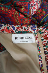 1960s Richilene Off Shoulder Pouf Sleeve Bohemian Printed Silk Dress