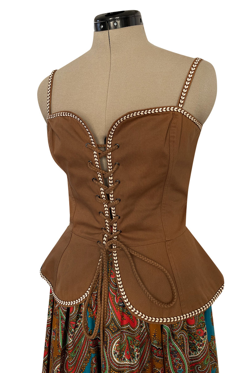 Documented Spring 1977 Yves Saint Laurent Iconic Laced Corset Top & Matching Printed Skirt