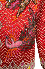 Extraordinary 1940s Densely Hand Beaded & Sequin Red Silk Satin Asian Jacket