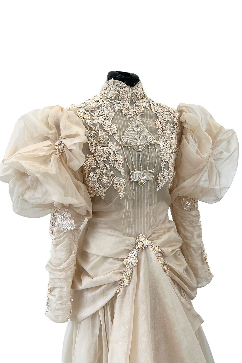 Late 1980s Capriccio Victorian Inspired Ecru Ivory Colour Silk Organza Dress Set