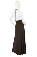 1970s Joy Stevens Embroidered Brown Jersey Halter Dress