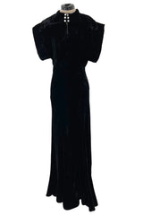 Stunning 1930s Black Silk Velvet Bias Cut Dress w Top Stitched Sleeves & Silver Glitter Buttons