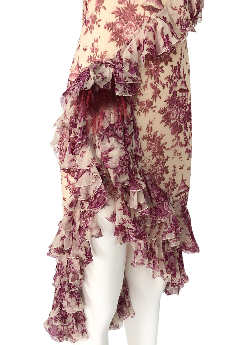 2000s John Galliano Purple Floral Print Silk Bias Cut Ruffle Dress
