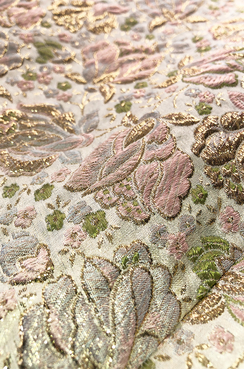 1960s Unlabeled Pink & Gold Metallic Silk Brocade Maxi Coat