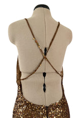 Fall 2002 Valentino Plunged Silk Net Chiffon Dress Completely Covered in Copper Sequins