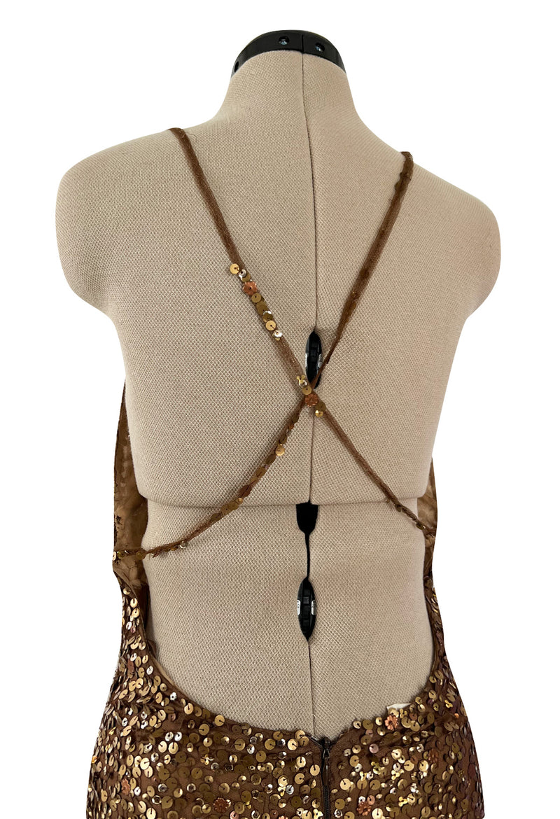 Fall 2002 Valentino Plunged Silk Net Chiffon Dress Completely Covered in Copper Sequins