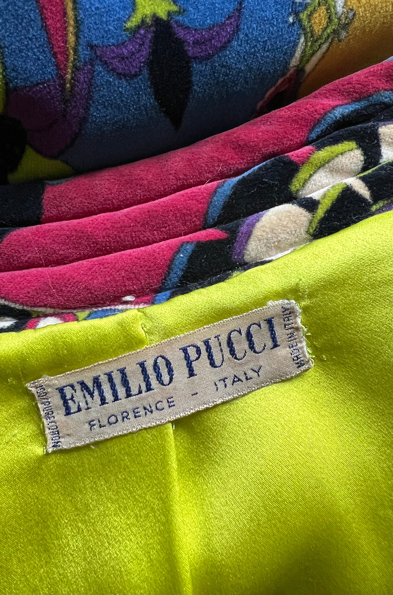 1970s Emilio Pucci Longer Cut Velvet Bright Floral and Medallian Print Jacket
