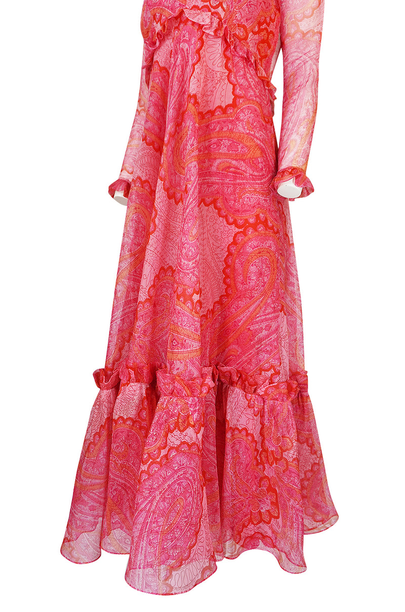 c.1976 Nina Ricci Silk Voile Pink Paisley Print Ruffle Trim Dress