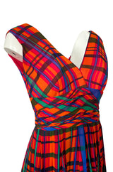 1970s Mollie Parnis Boutique Plaid Coral Blue & Green Print Chiffon Dress