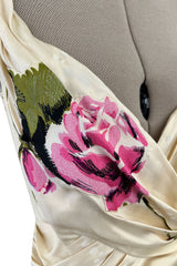 Gorgeous 1940s Unlabeled Ivory Silk Twill Dress w Painted & Appliqued Rose Print
