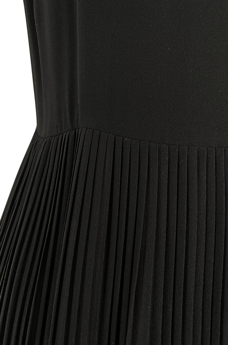 1970s Chloe by Karl Lagerfeld Black Silk Chiffon Tiny Knife Pleated Empire Bodice Dress