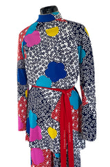 Fantastic 1970s Hanae Mori Bright Floral Print Jersey Pant & Top Set w Signed Belt